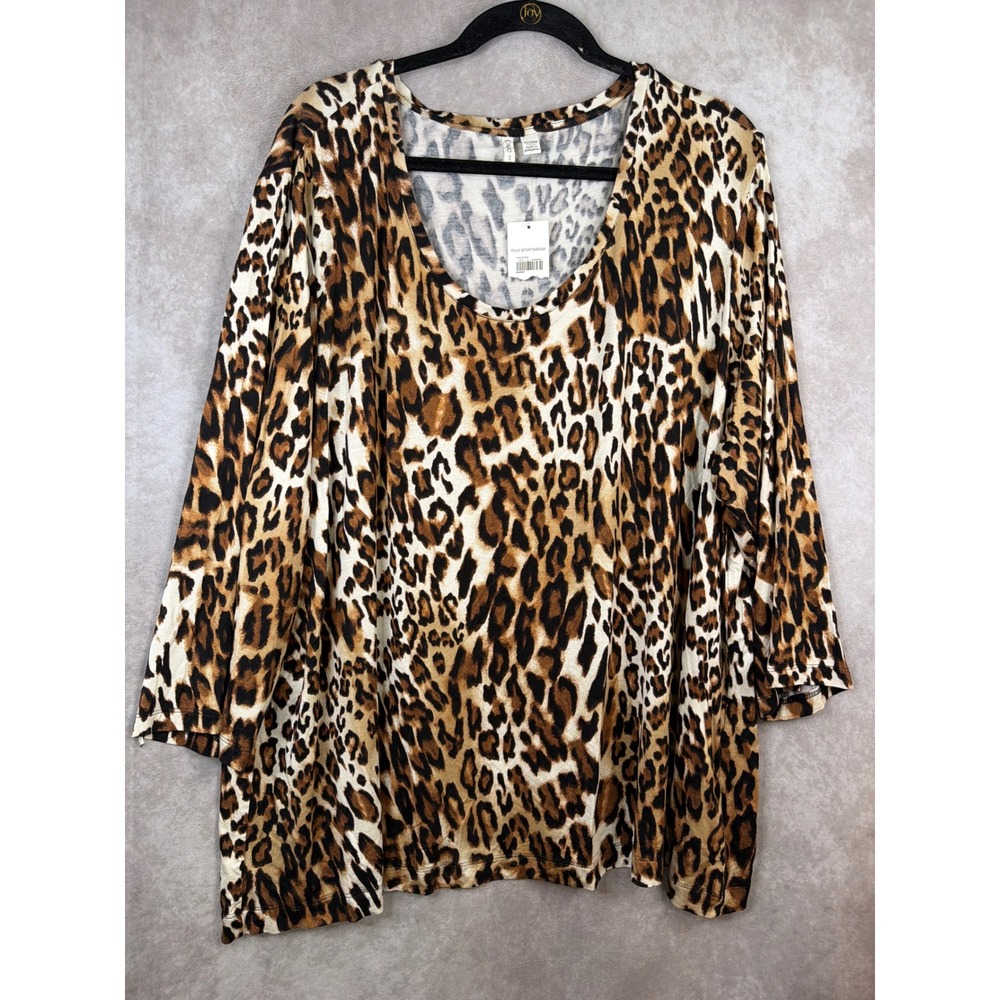 NWT Cato Top Women 26/28W Brown Leopard Print Scoop Neck 3/4 Sleeve Slinky